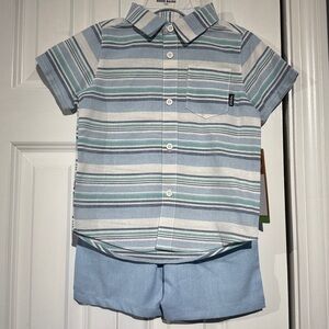 Kids Eddie Bauer Pastel Striped collared button up shirt, Blue linen Shorts Set